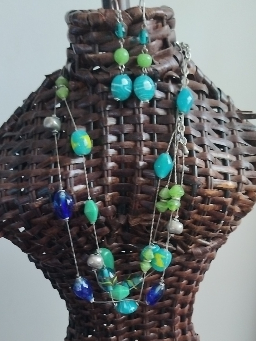 Handmade Multi-Strand Green & Teal Beaded Necklace and Earrings Set